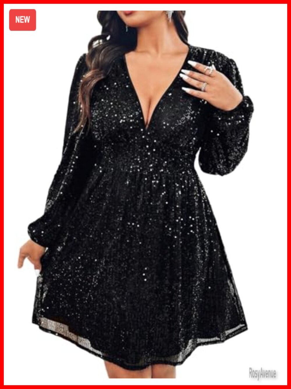 Plus Size Sequin V Neck Long Sleeve Skater Cocktail Dress with Pockets